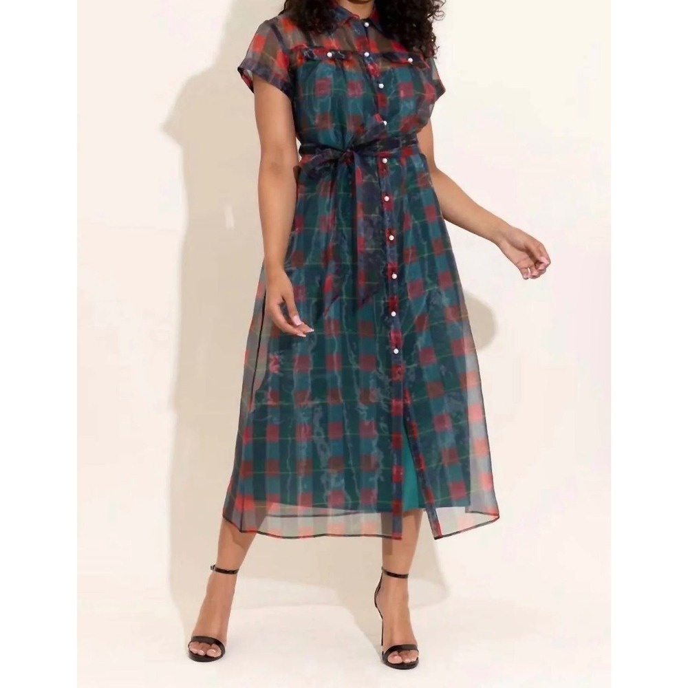 Alden Adair Red Green Plaid Sheer Organza Shirt Dress Pearl Button Midi XS